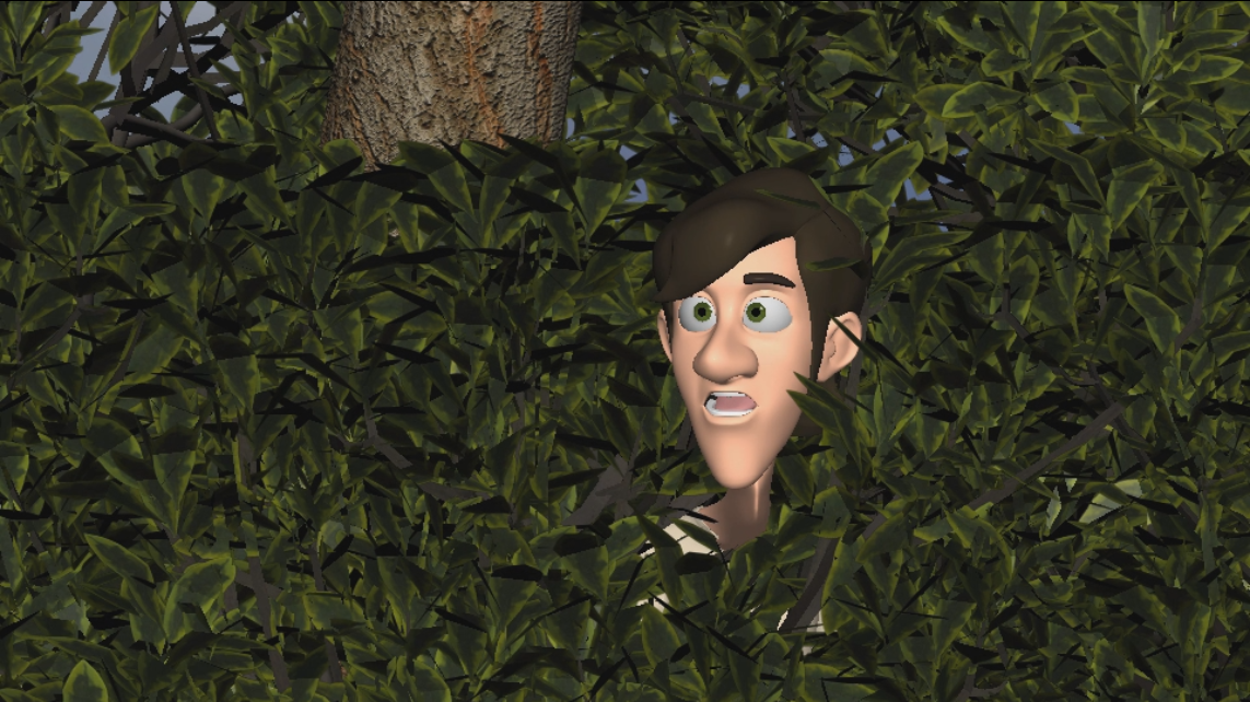3d model of man's head poking through bushes