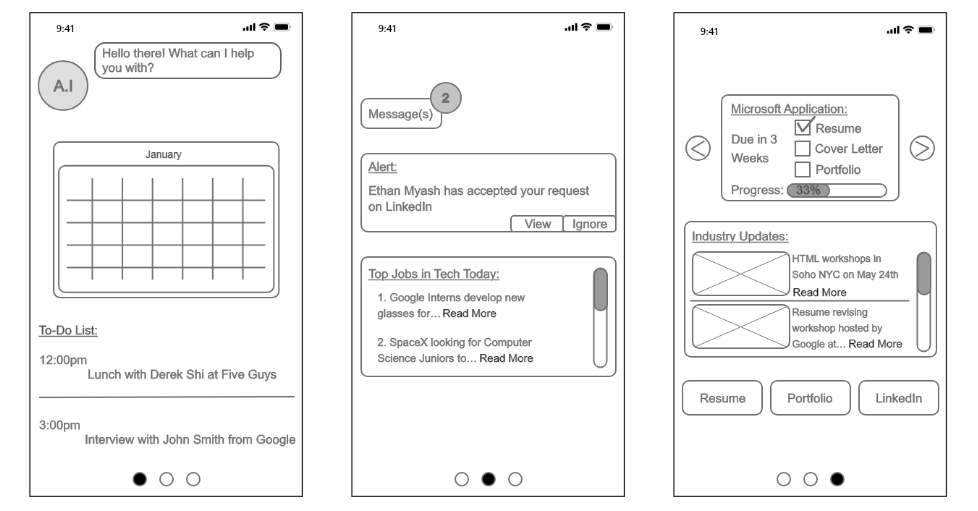 three screenshots of app prototype